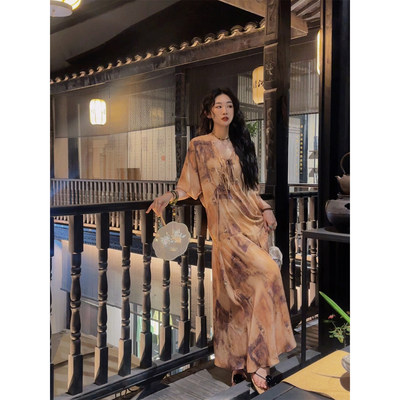 【妞妞专享】三吉黑花【邂逅】夏季国风灯笼袖连衣裙减龄今年流行