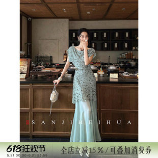 【小月亮】三吉黑花【佩玉】新中式绣珠压皱连衣裙子女