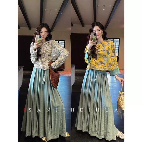 【夏天粉丝专享】三吉黑花【采莲】新中式超清透凉感阔腿裤子