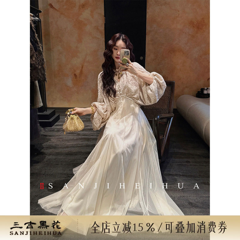 【熊熊专属】三吉黑花【上喜】新中式蕾丝网纱秋冬装连衣裙子