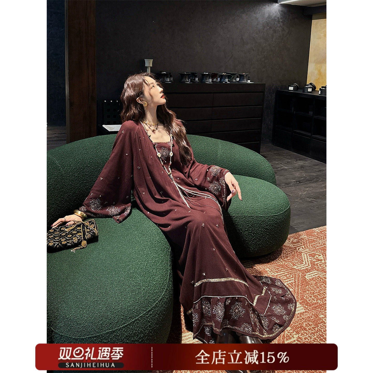 【哼哈冰冰】【凤来仪】珠管银丝绣花民族风长袖连衣裙子长裙,女装/女士精品,连衣裙,淘宝优惠券,粉丝福利购,淘宝优惠卷