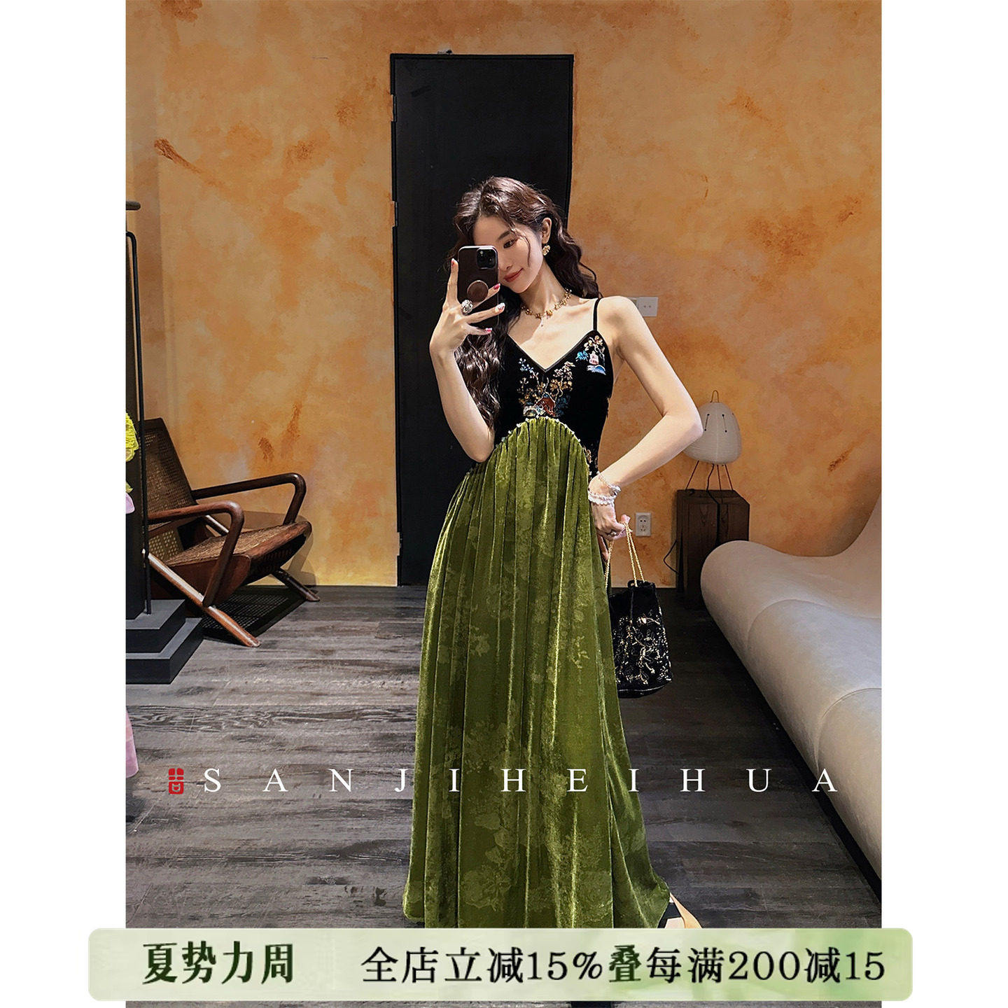 【夏天粉丝专享】三吉黑花【四时春】新中式金箔连衣裙 - 实物图