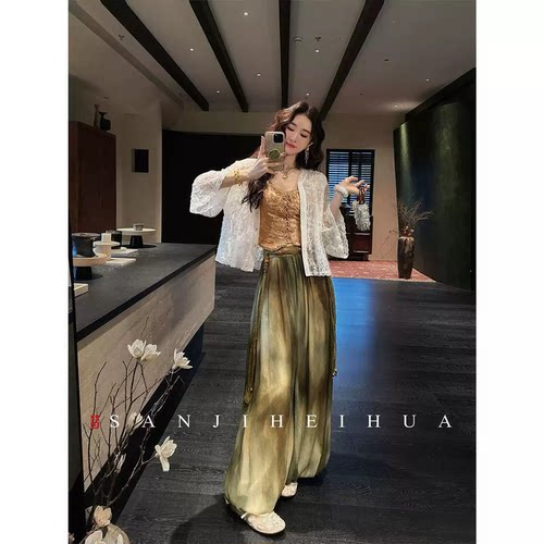 【夏天粉丝专享】三吉黑花【芳草歇】新中式印花雪纺阔腿裤子女