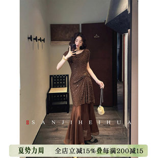 【呼呼专享】三吉黑花【佩玉】新中式绣珠压皱连衣裙子女夏季
