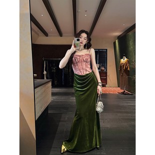 扎染吊带连衣裙子假两件拼接丝绒长裙 叙兰时 呼呼专享