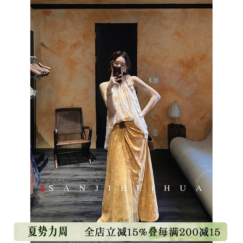 【呼呼专享】三吉黑花【古渡】新中式烫钻蕾丝捏褶A字半身裙女夏