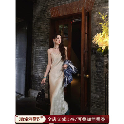 【安晴粉丝专享】三吉黑花【瑶华】人丝吊带连衣裙蕾丝打底长裙子