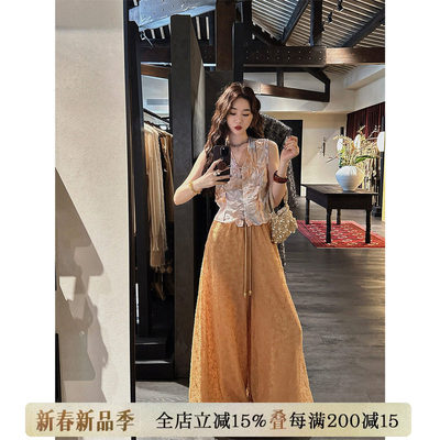 【呼呼专享】三吉黑花【昭昭】新中式钉珠绳绣阔腿裤子女款夏季