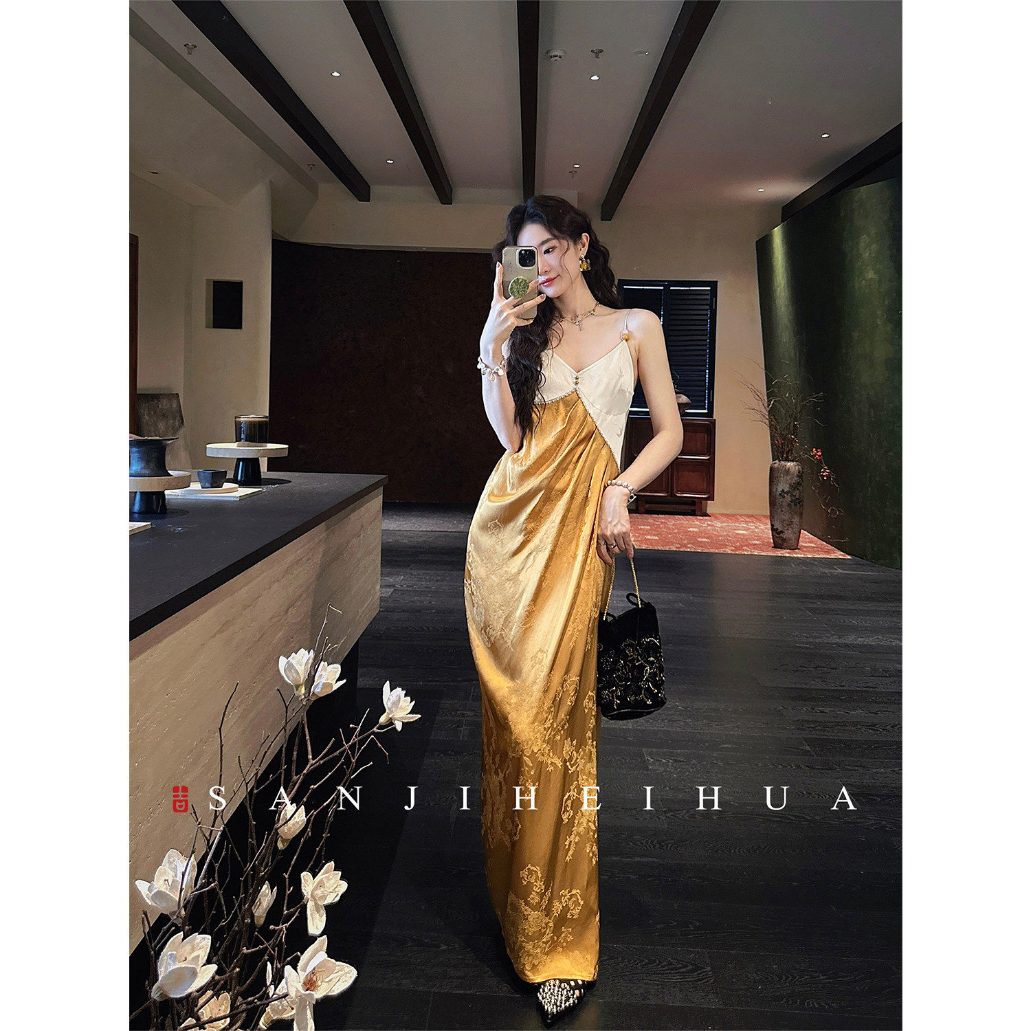 【夏天粉丝专享】三吉黑花【品月】新中式色织金人丝连衣裙子