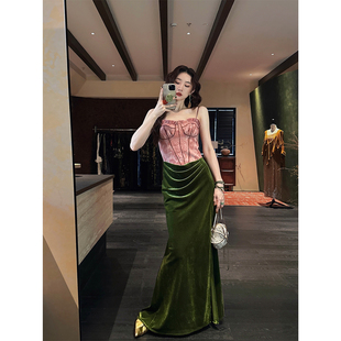 扎染吊带连衣裙子假两件拼接丝绒长裙 叙兰时 呼呼专享