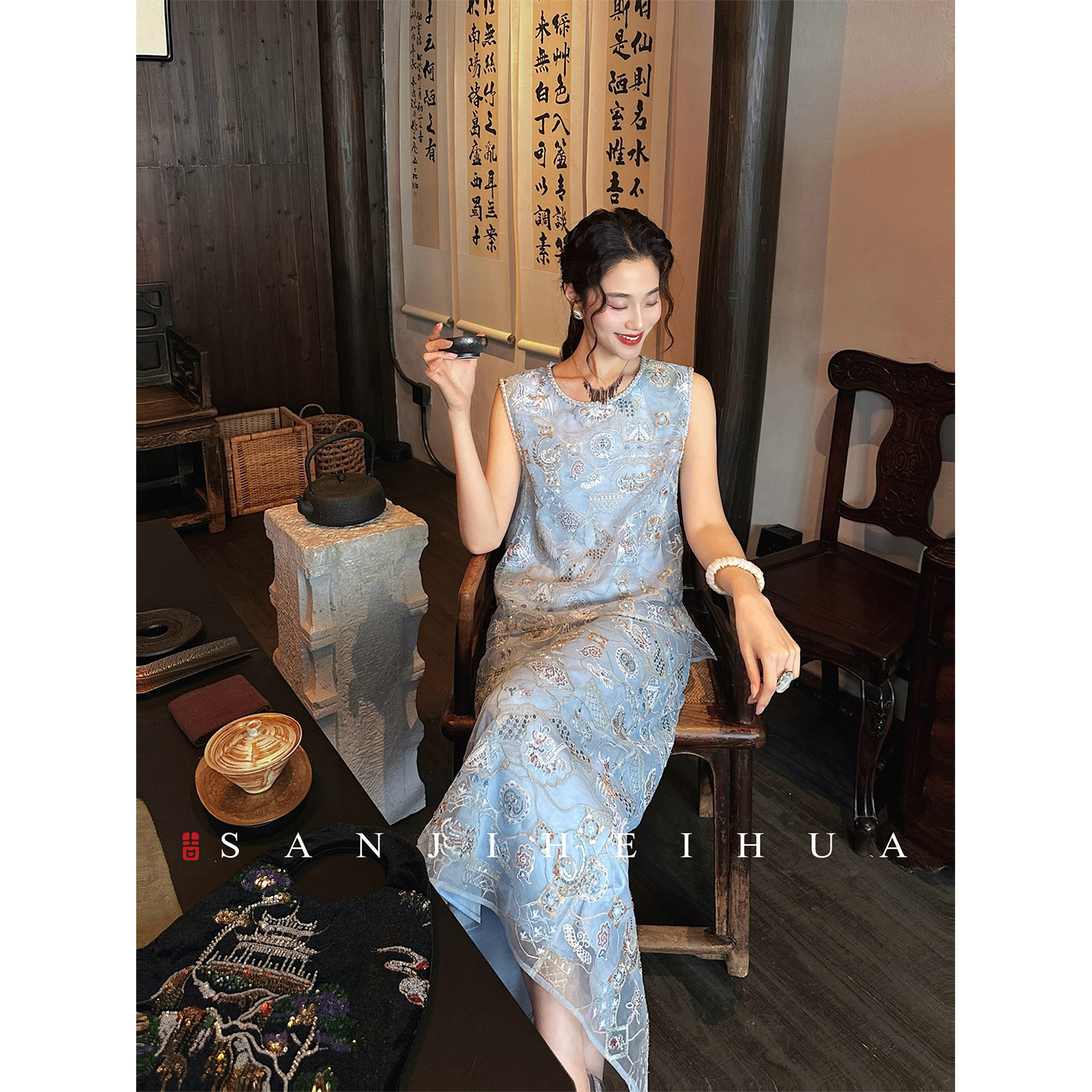 【倩姐专属】三吉黑花【悠蓝境】新中式珠管串绣夏天绝美小套装马