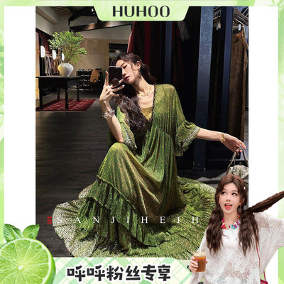 【呼呼专享】三吉黑花【孔雀】新中式烫金醋酸连衣裙子女夏季长裙