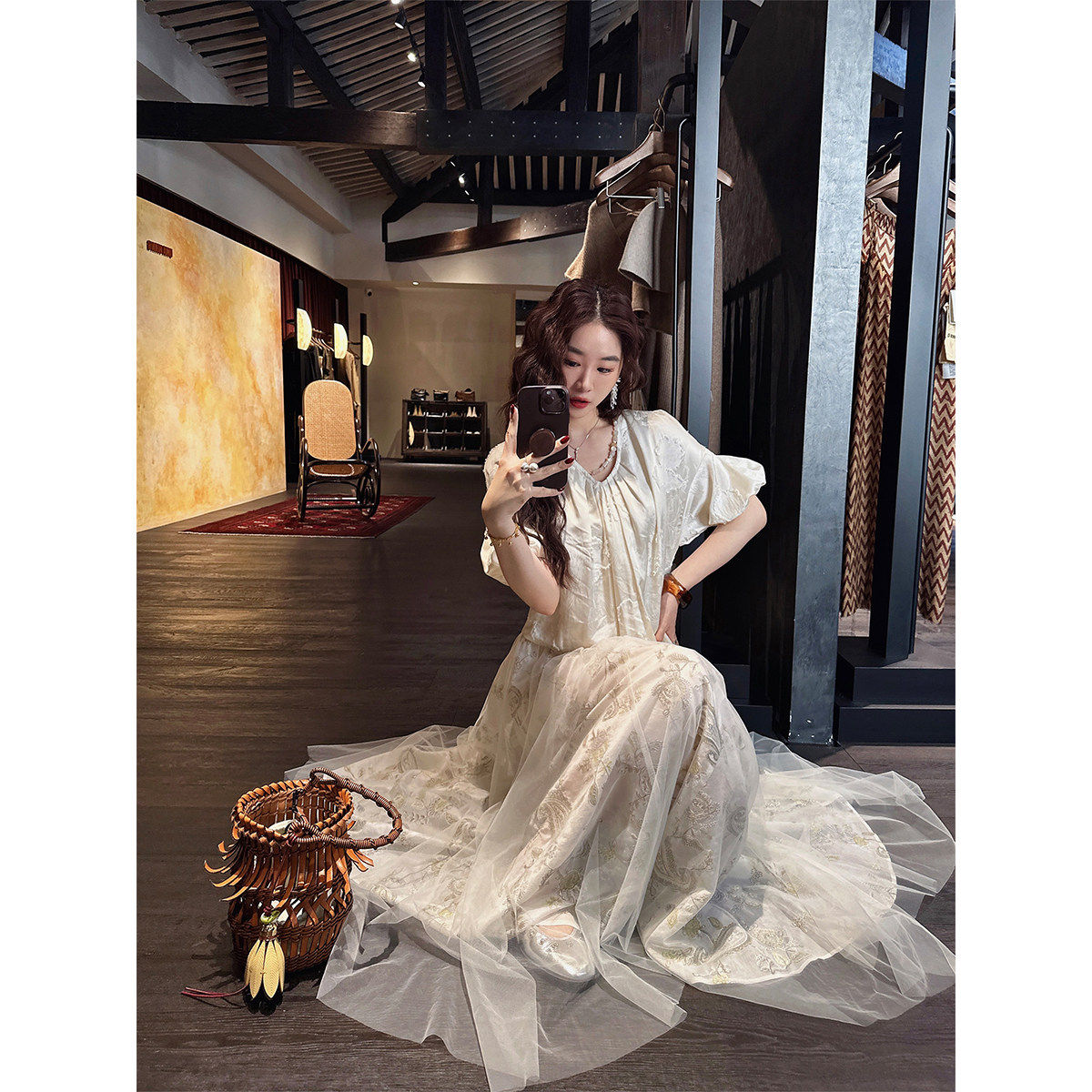 【呼呼专享】三吉黑花【采桑子】连衣裙子女夏天丝剪花长裙