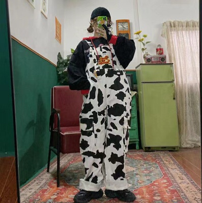 2022春秋街头嘻哈原宿可爱少女童趣卡通奶牛工装背带裤休闲连体裤