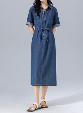 Eworld25夏天丝棉女薄款收腰抽绳休闲显瘦垂感牛仔连衣裙X65336