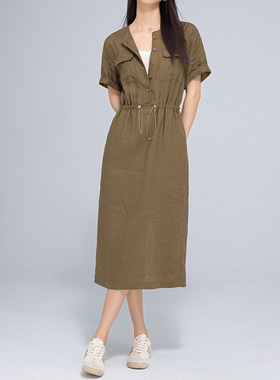 Eworld25夏 亚麻连衣裙女新款宽松落肩短袖抽绳收腰长裙X65351