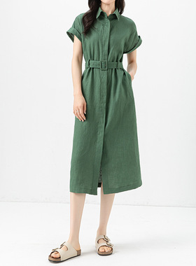 Eworld25夏亚麻衬衫裙女薄款显瘦有型收腰卷边袖连衣裙X65492