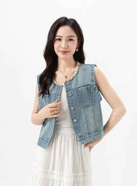 Eworld25夏设计感花边圆领牛仔马甲女宽松显瘦短款无袖上衣X65483