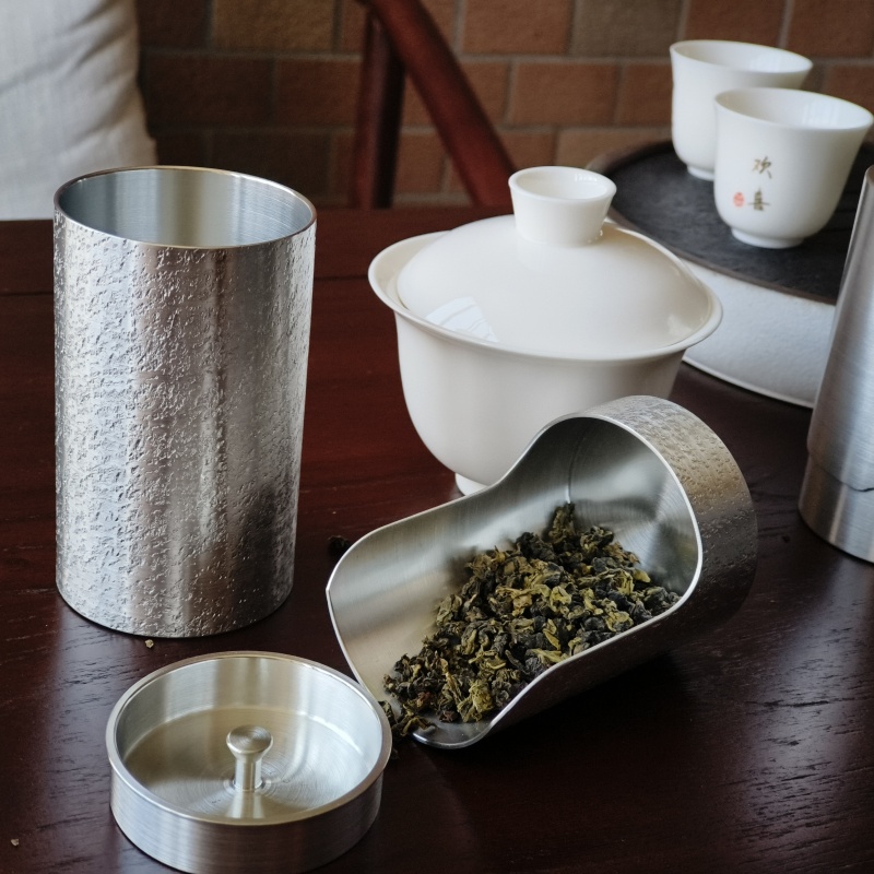 纯锡雪花纹便携茶则一体锡罐