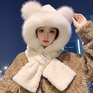 骑行围巾连帽围巾秋冬季可爱毛绒帽子保暖小熊开车护耳一体围巾帽