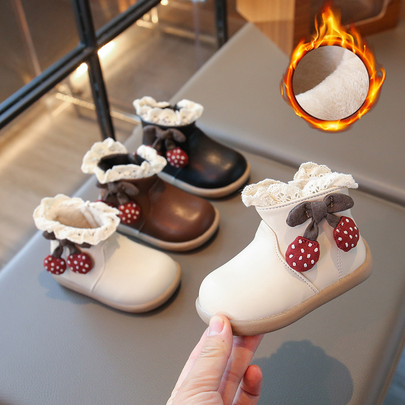 女宝宝靴子冬季1-3岁新款儿童加绒棉靴女宝鞋子公主皮靴女童短靴