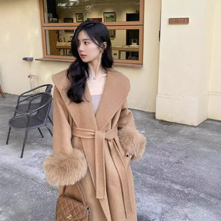 女神大衣2025冬新款双面羊绒大衣大翻领长款狐狸毛皮草羊毛呢外套