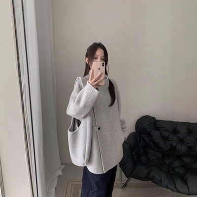 送包包韩版宽松立领双面羊毛大衣中长款加厚简约保暖秋冬羊绒外套