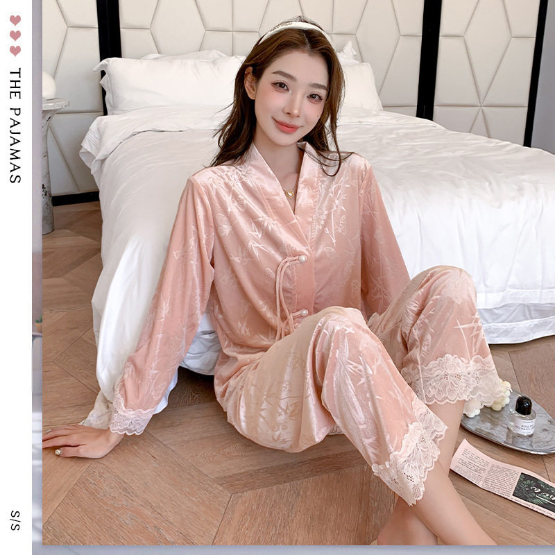国风图案金丝绒睡衣甜美印花蕾丝
