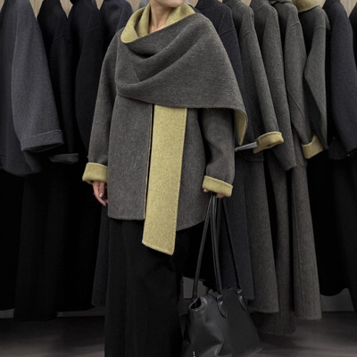 大围巾斗篷款式双面羊毛大衣 披肩短款设计师加厚保暖羊毛呢外套