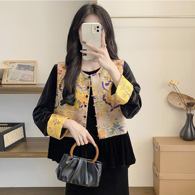 春秋款2026新中式马甲圆领国风气质外穿上衣拼接丝绒背心两件套装