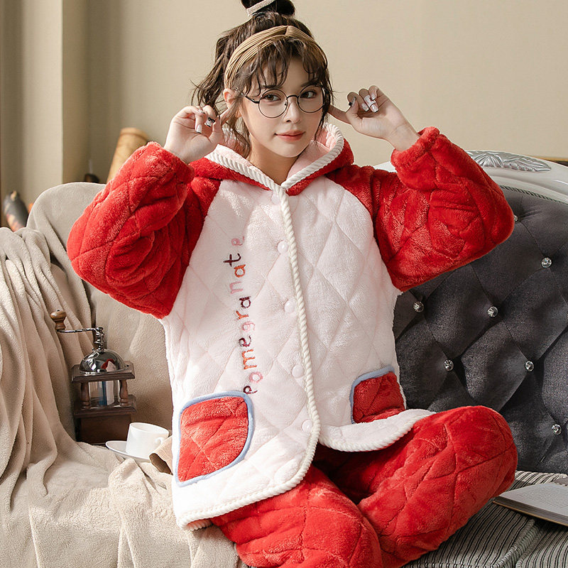 fy/芳怡冬季长款睡衣加厚女冬长袖北极绒新款休闲家居服两件套装