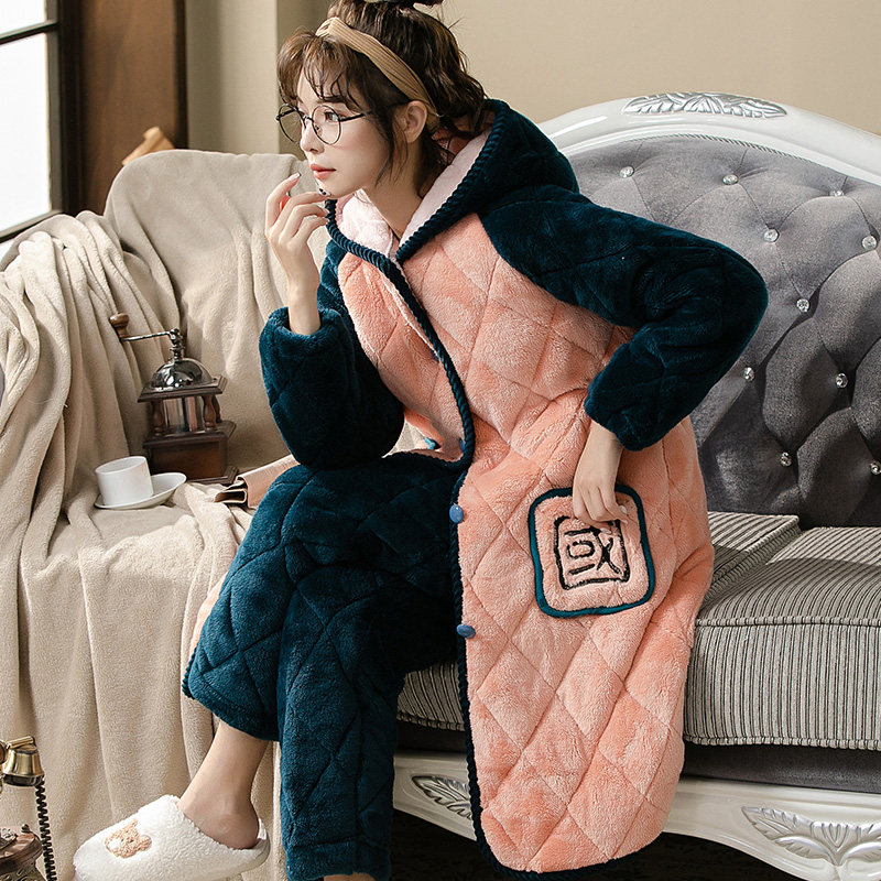 fy/芳怡冬季长款睡衣加厚女冬长袖北极绒新款休闲家居服两件套装