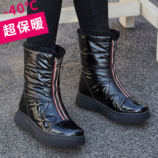 加绒加厚防水防滑保暖棉鞋 雪地靴女中筒韩版 高帮长筒靴子 新款 冬季