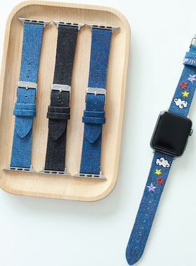 牛仔刺绣Y2K适用iwatch10表带苹果手表带applewatch帆布真皮se新9