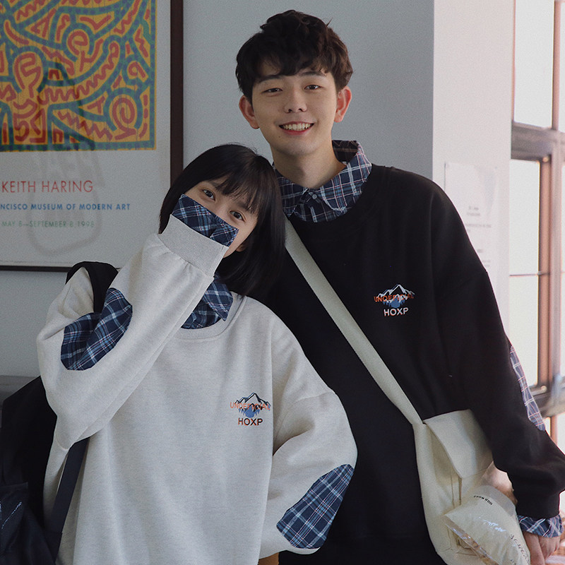 衫岛情侣卫衣男春秋季设计感格子拼接假两件polo领宽松外套ins潮