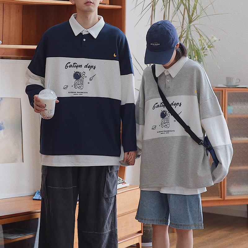 衫岛情侣装宇航员Polo衫男长袖春秋款潮流韩版学生宽松翻领卫衣潮