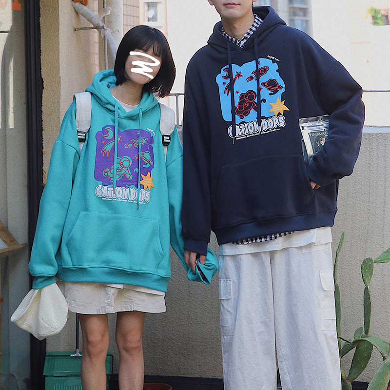 衫岛情侣装卫衣男连帽潮牌ins超火宇航员印花秋冬加绒加厚外套潮