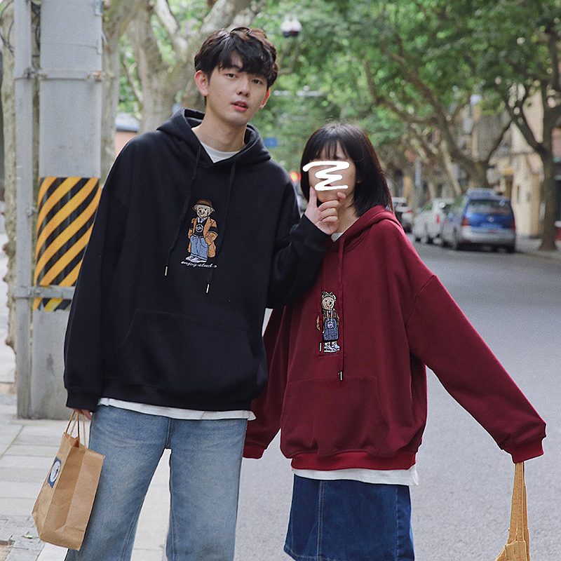衫岛小熊刺绣情侣卫衣连帽男女ins超火韩版宽松bf风春秋外套潮
