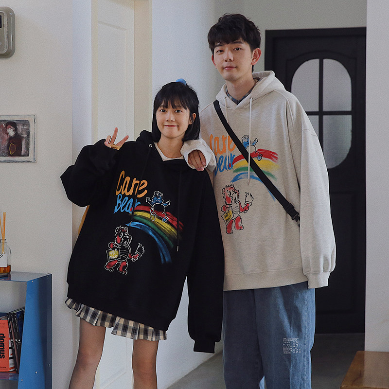 衫岛情侣装ins手绘小熊印花连帽卫衣男韩版宽松秋冬加绒加厚外套