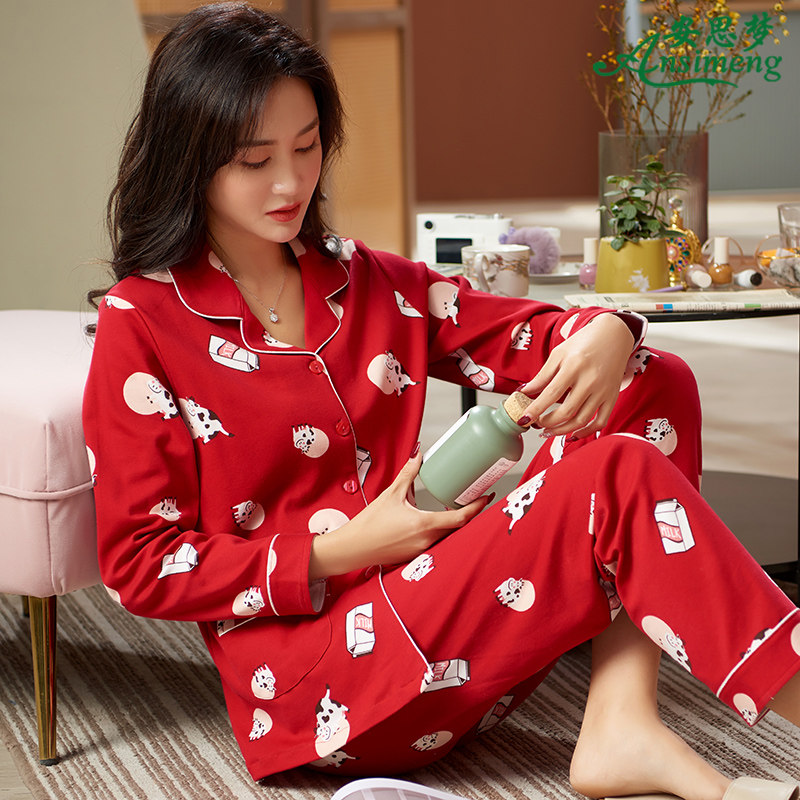 睡衣女士春秋款纯棉长袖家居服全棉大码冬季薄款大红色本命年套装