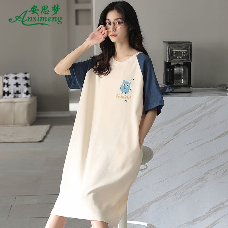 纯棉睡裙女夏天中裙宽松短袖可外穿简约舒适拼色连衣裙睡衣家居服