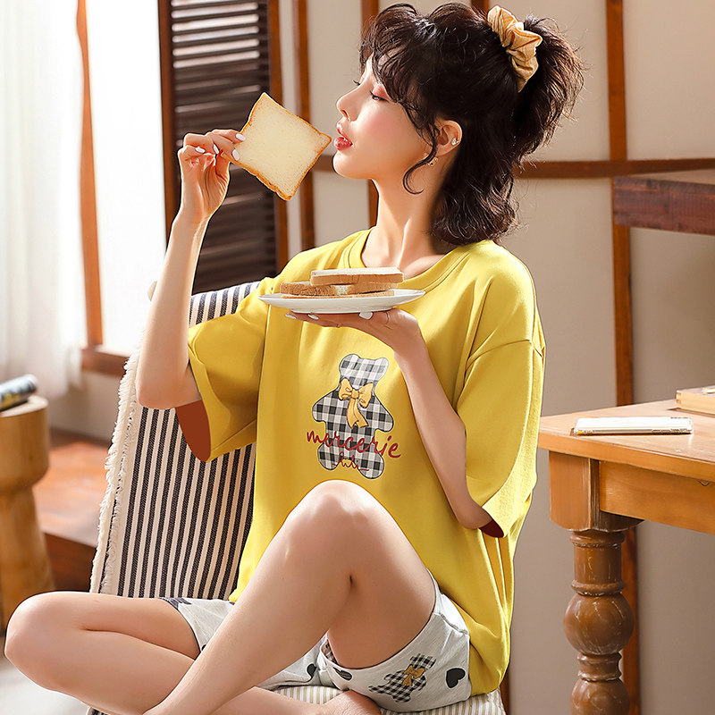 2022年新款夏天睡衣女甜美可爱短袖套装纯棉女士夏季款学生家居服