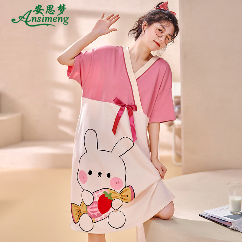 夏季睡裙女士纯棉短袖可爱卡通兔子睡衣连衣裙全棉夏天宽松家居服