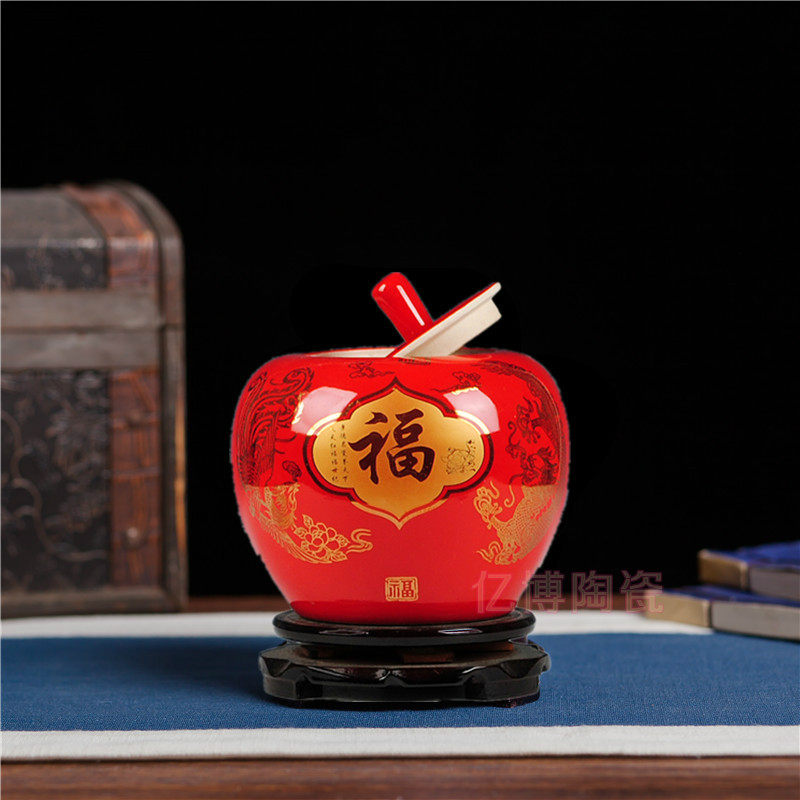 景德镇陶瓷花瓶中国红苹果储物罐中式摆件装饰工艺品乔迁结婚礼品