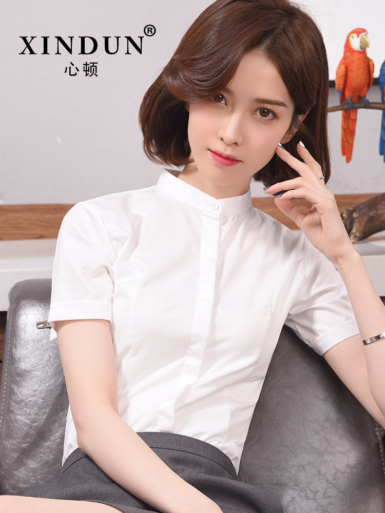 立领白色衬衫女短袖职业夏季新款韩范半袖学生工装衬衣修身工作服