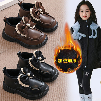 女童皮靴2025冬季新款儿童加绒短靴小女孩蝴蝶结马丁靴女宝宝皮鞋