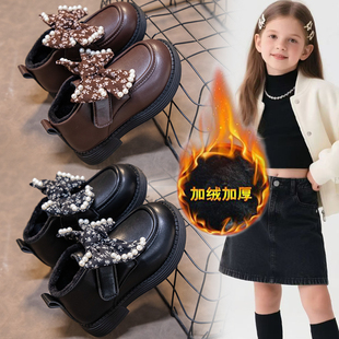 女童皮鞋2026新款秋冬季加绒棉鞋蝴蝶结小女孩公主鞋软底小皮鞋