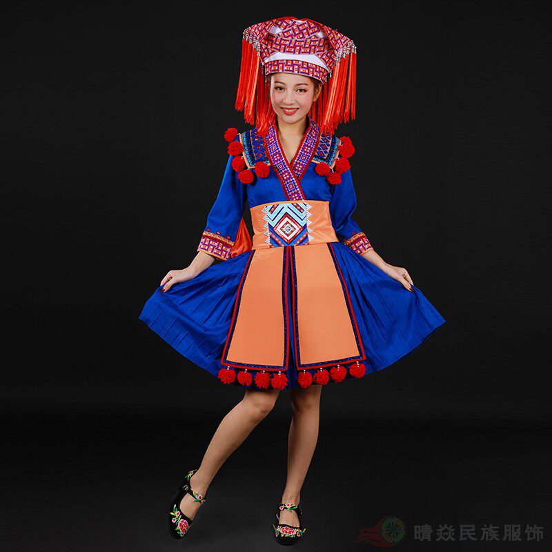 晴焱新款瑶族舞蹈服装短裙女装少数民族服饰瑶族演出服走秀蓝色女