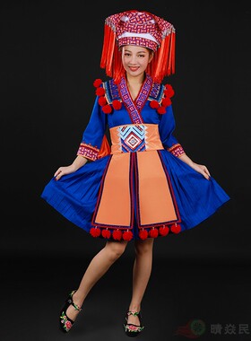 晴焱新款瑶族舞蹈服装短裙女装少数民族服饰瑶族演出服走秀蓝色女