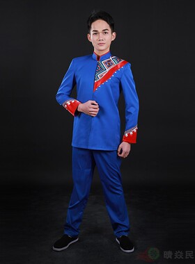 晴焱定制立领民族风正装蓝色修身套装休闲民族西服男士中国风服